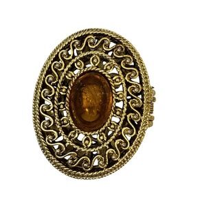 Vintage‎ Ornate Gold Tone Filigree Amber Glass Cameo Oval Locket Pendant Jewelry